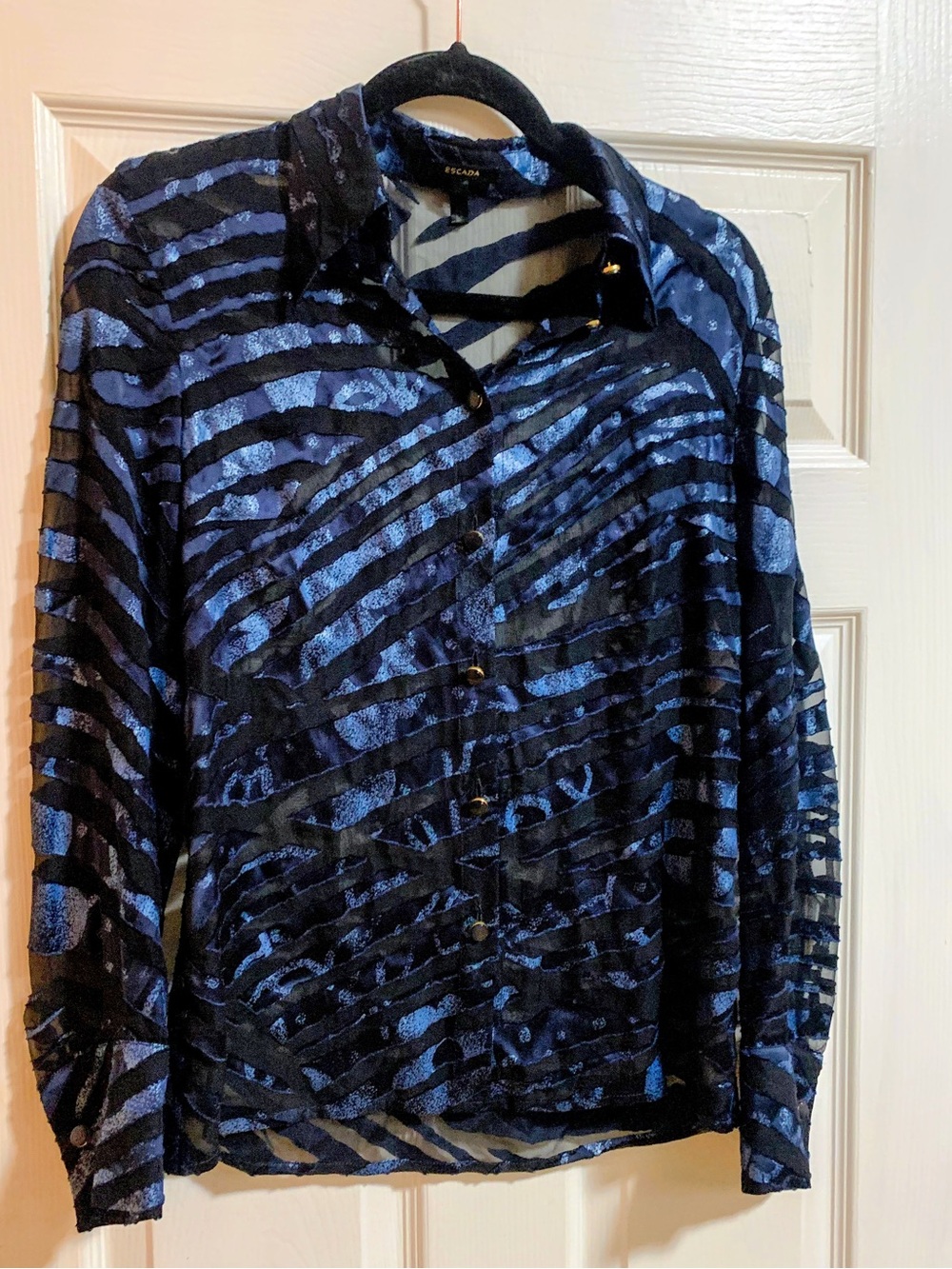 Vintage Escada Silk Blue and Black Striped Button-Down Shirt